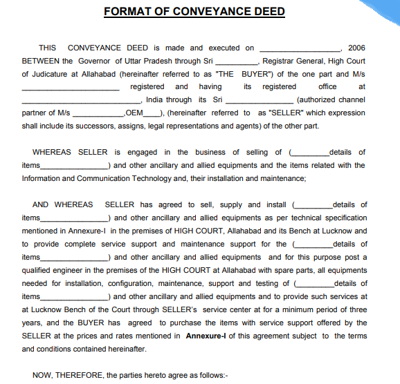 FORMAT OF  CONVEYANCE DEED 