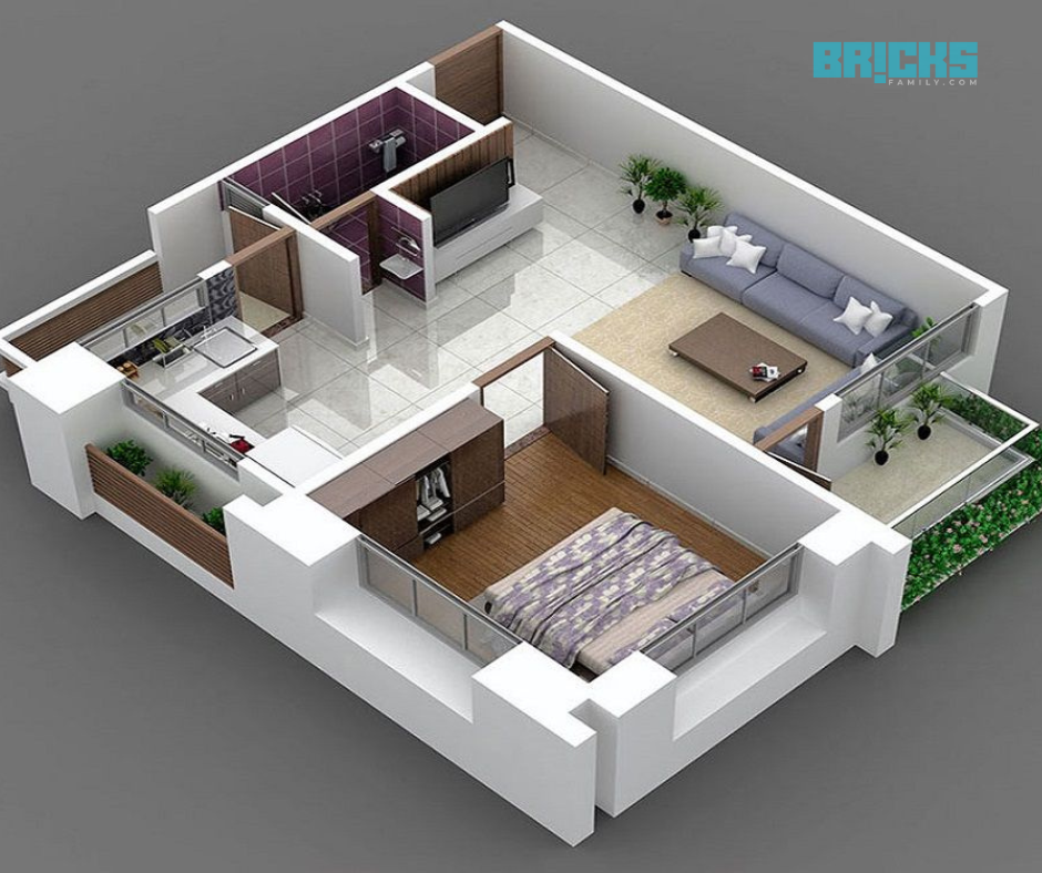 1 BHK apartment Floor plan top view.