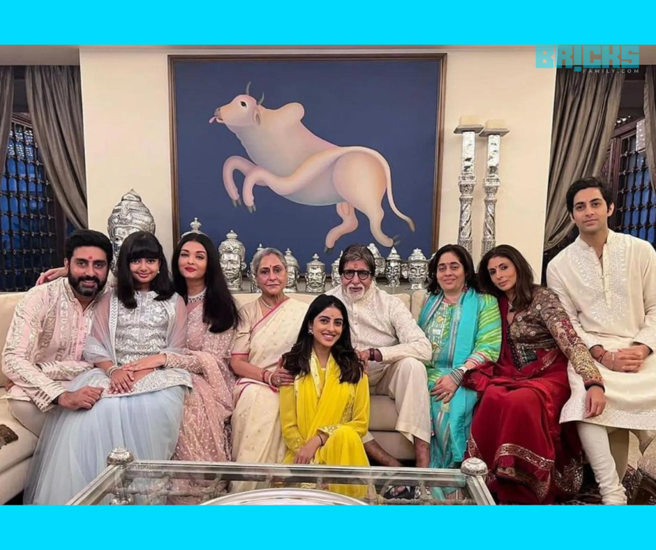 A family picture in front of an exemplary artwork in the entertaining room of the Bachchan house