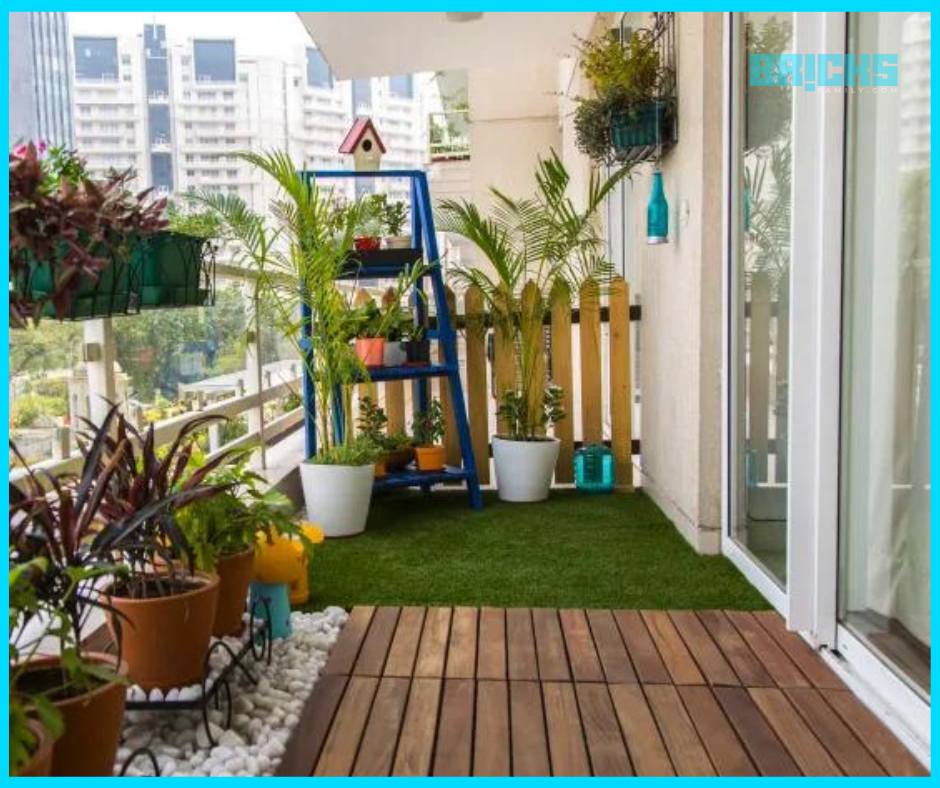 A balcony overlooking the lawn receives the morning sunlight