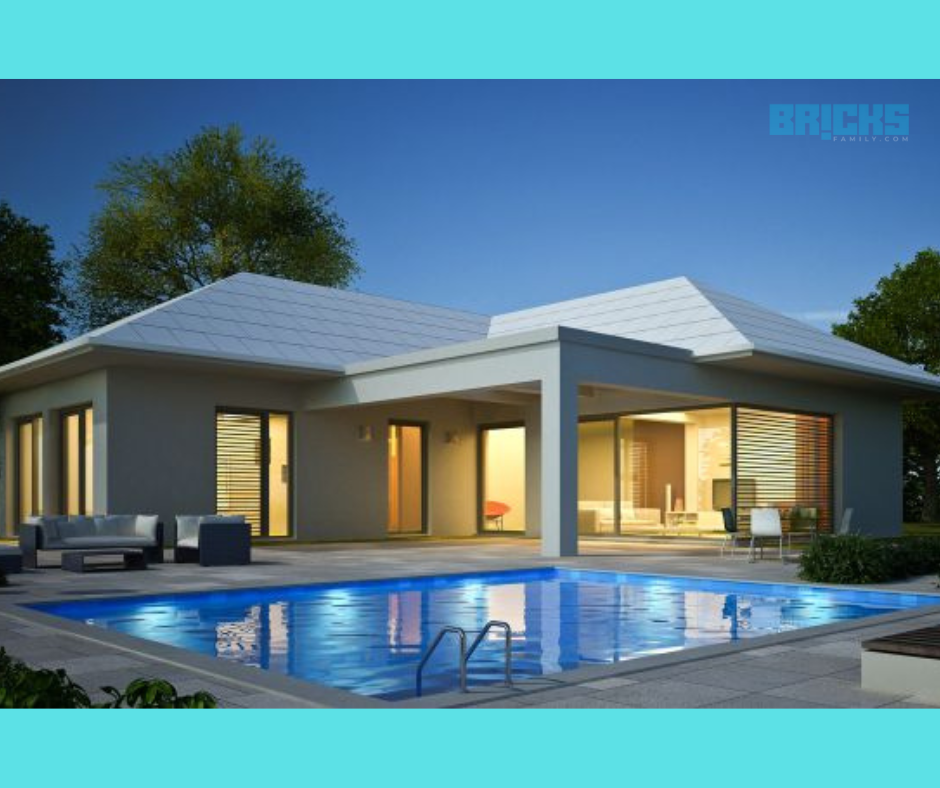 Swimming pool makes your simple single floor house appear luxurious. 