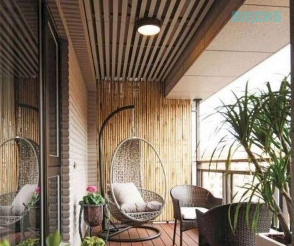 Balcony decor with wooden false ceiling and light