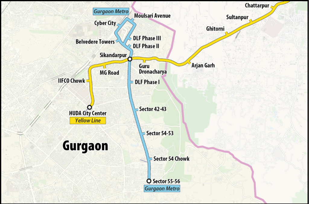 Rapid Metro Route in Gurgaon intersecting the Delhi Metro Yellow Line.