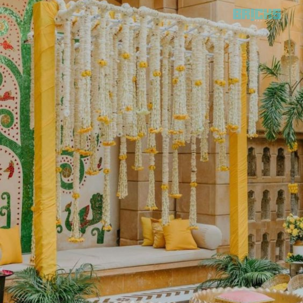 Simple and gorgeous haldi decoration with tuberose flowers perfect for a classy wedding