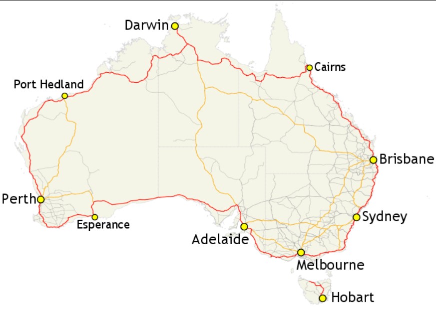 Map of Highway 1 - the second longest road in the world.  that connects all state capitals of Australia except Canberra.