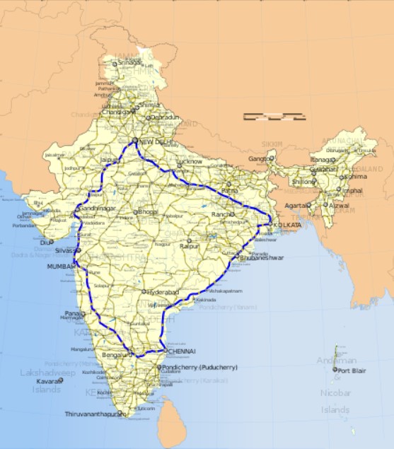 Map of The Golden Quadrilateral Highway Network Connecting major cities of India.