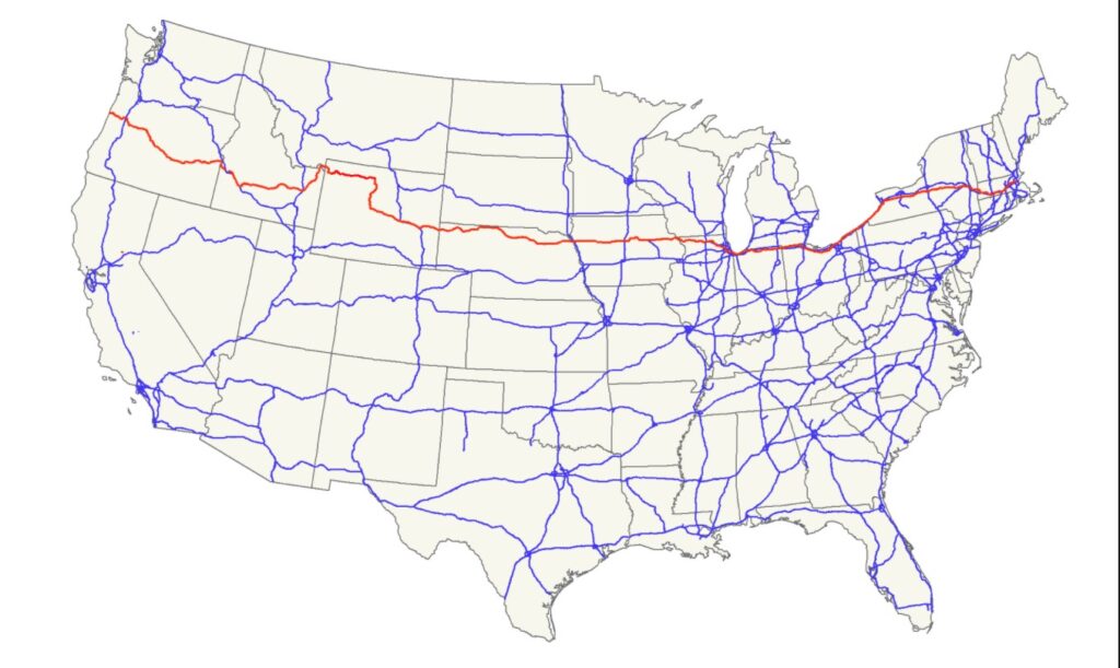 Map of US Route 20 in Red from West to East Coast of the Continental United States