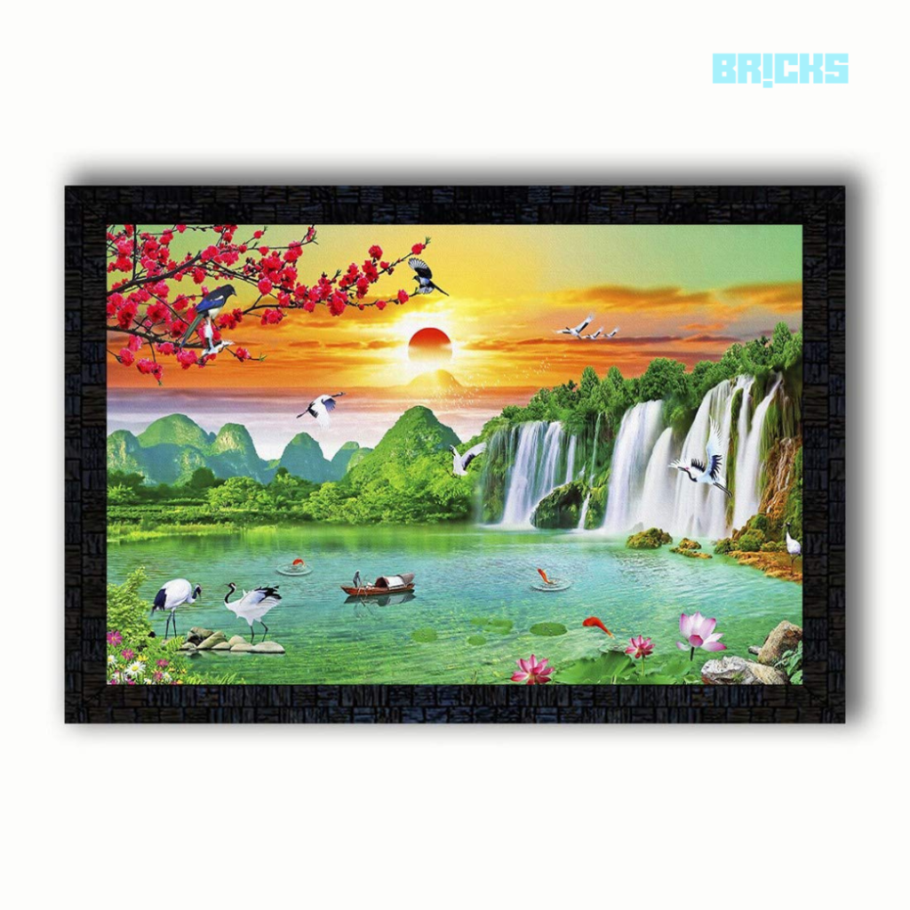 A waterfall landscape in a photo frame that can be placed at your office table