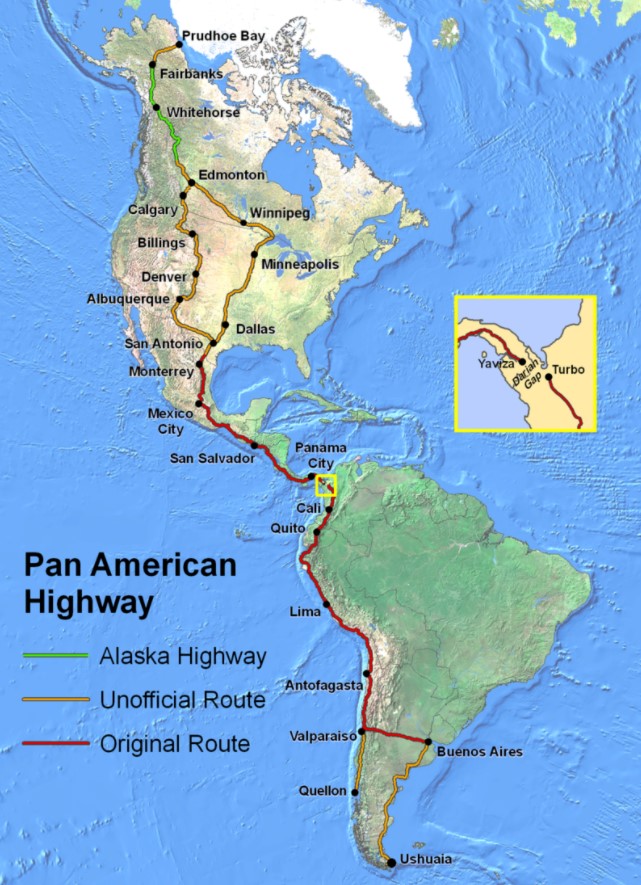 Map of The Pan-American Highway - the longest road in the world. (Map shows unofficial sections pre-1966 too) 