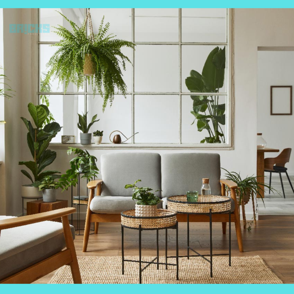 A modern living room with white walls and lots of plants as decor