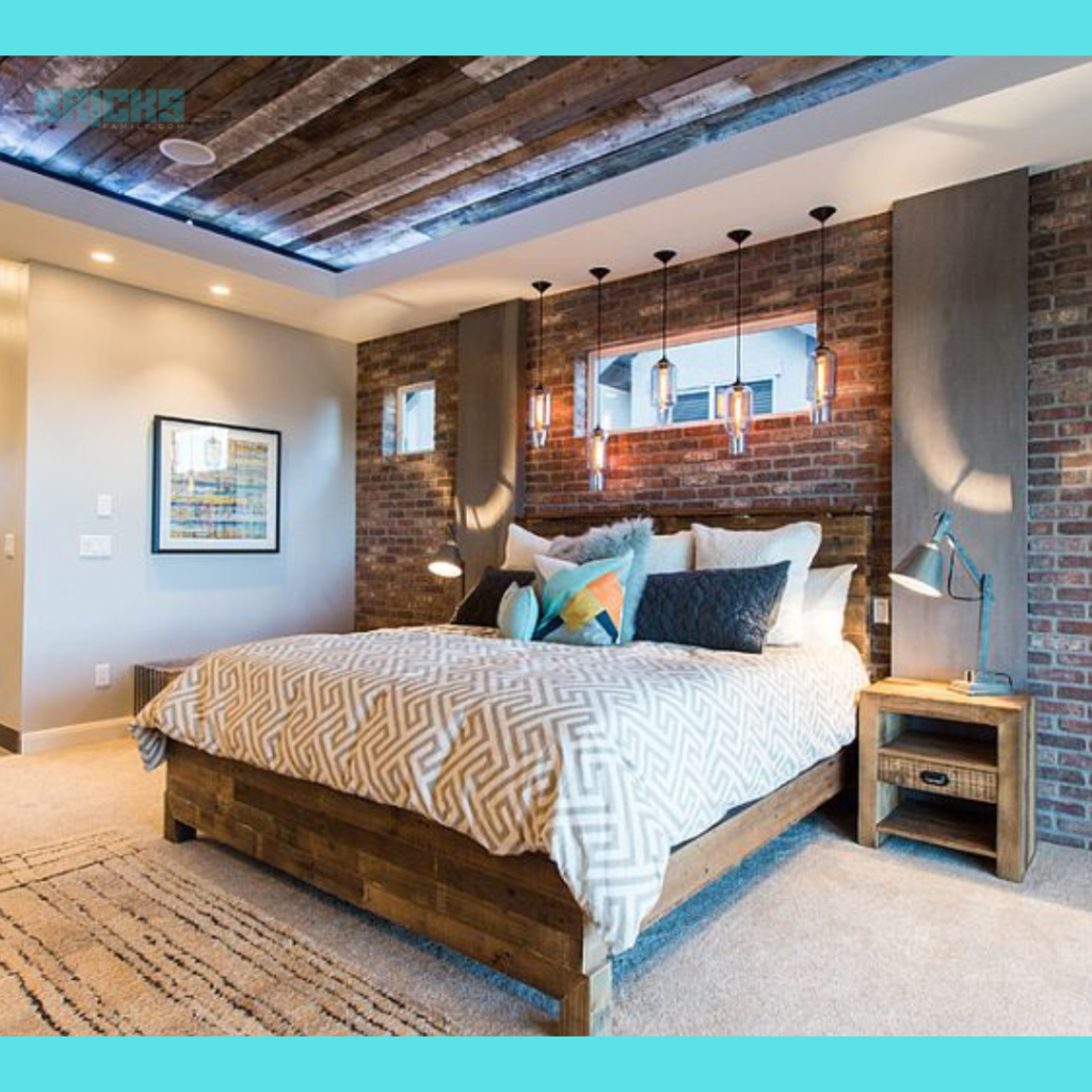 A rustic bedroom with brick accent walls, wooden furniture, and metal accessories