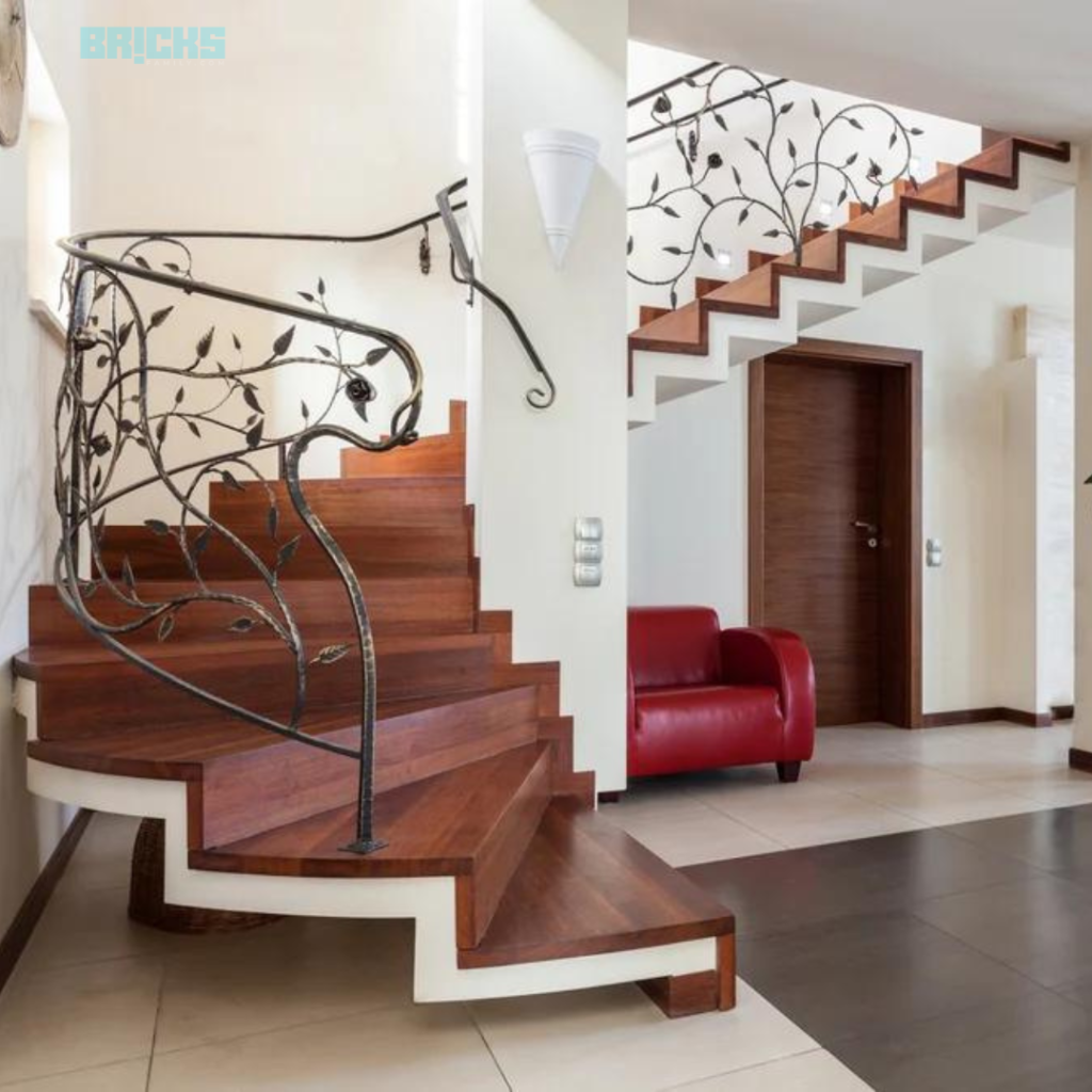 A stunning wooden staircase that fits great in bungalow planning as per vastu