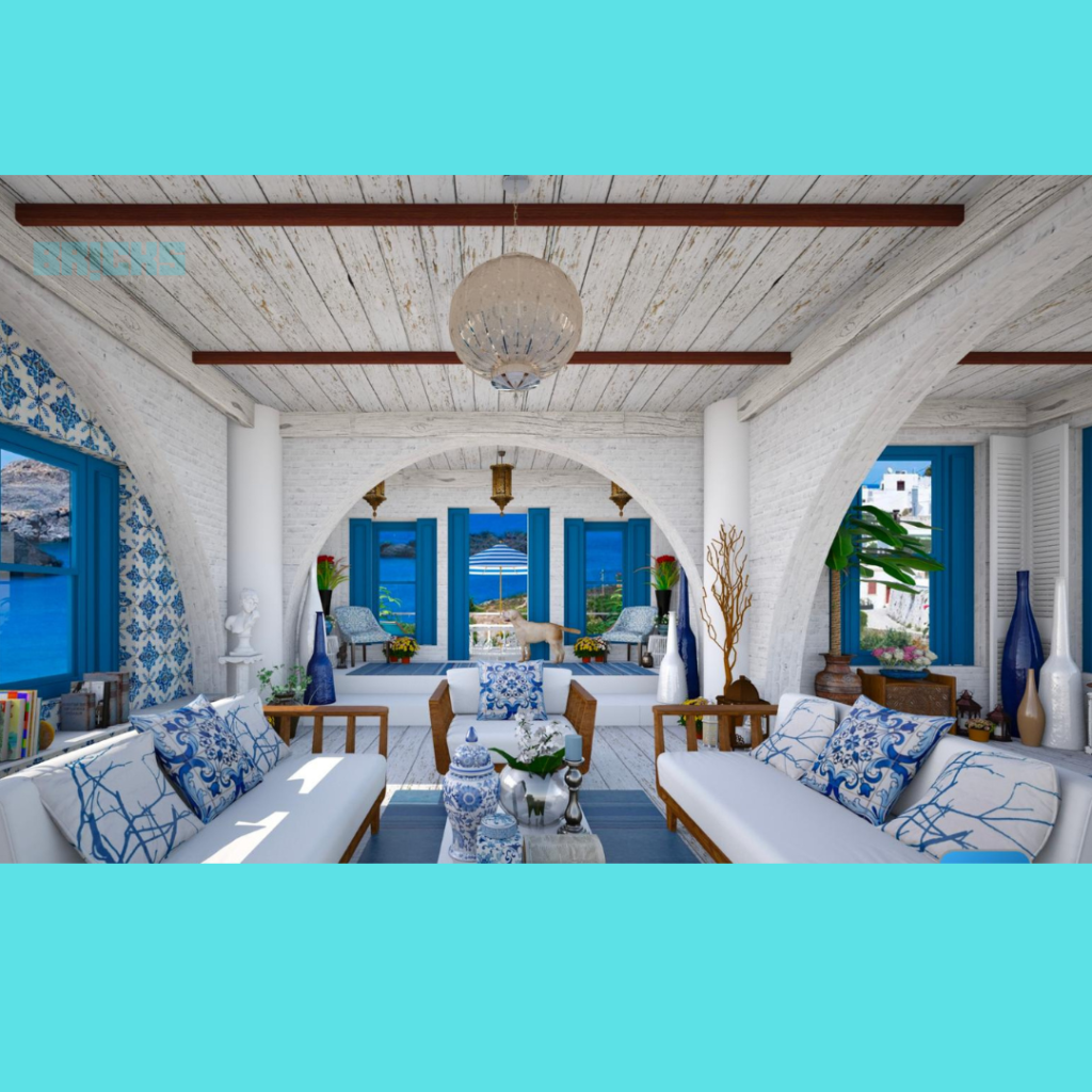 Greek style Mediterranean home decor in shades of white and blue. 