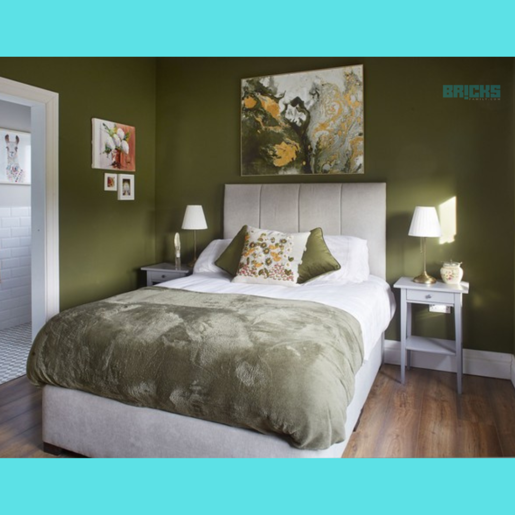 Olive green is an unusually beautiful color choice for Mediterranean bedroom décor