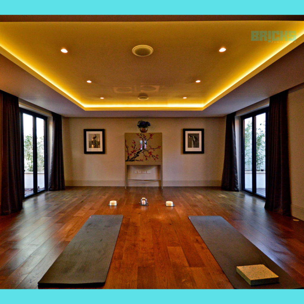 Cool lighting enhances the mood in a yoga room