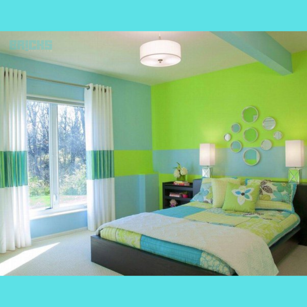 Multi-colored bedding adds a tropical vibe to the bedroom