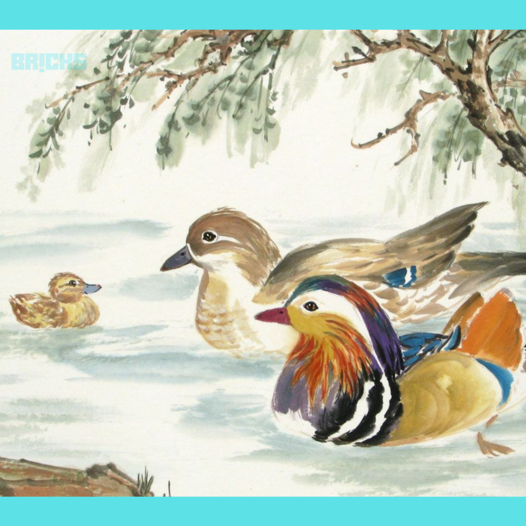 An acrylic painting of mandarin ducks - perfect for a bedroom or home as per feng shui art.