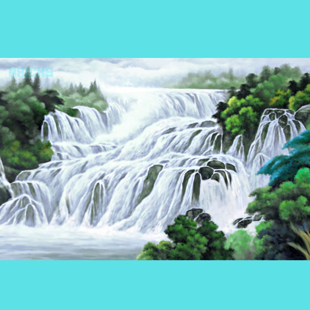 A waterfall landscape painting with the flow of water coming inside the house as per feng shui art