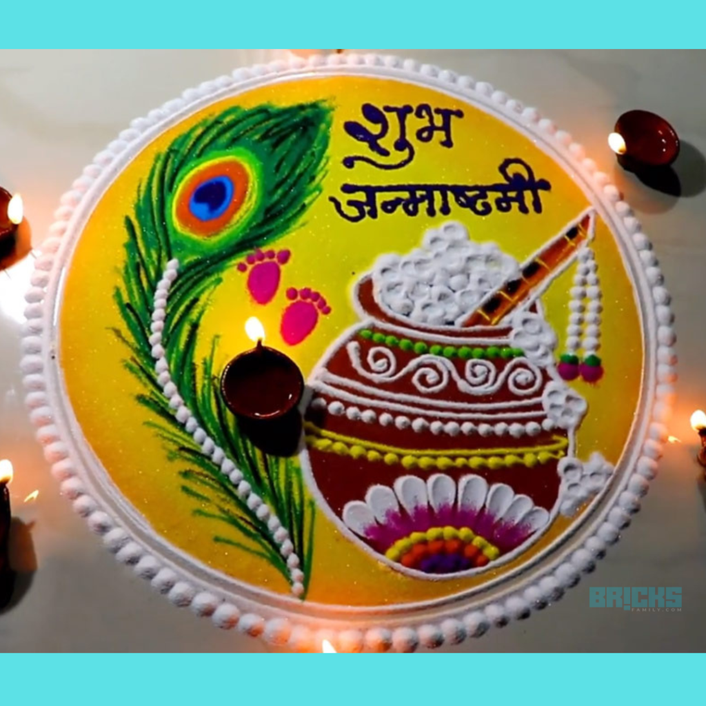 This exquisite  Krishna rangoli invites home color and abundance