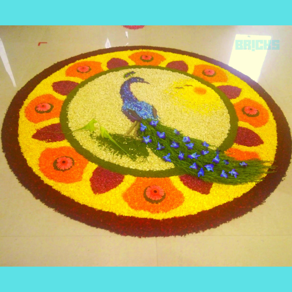 Invite home vibrance with a peacock Onam Pookalam design 