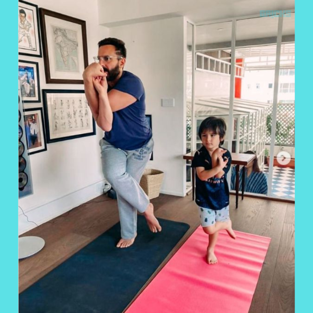 Saif and Taimur practising yoga in the yoga and meditation room at the Kareena Kapoor house.

