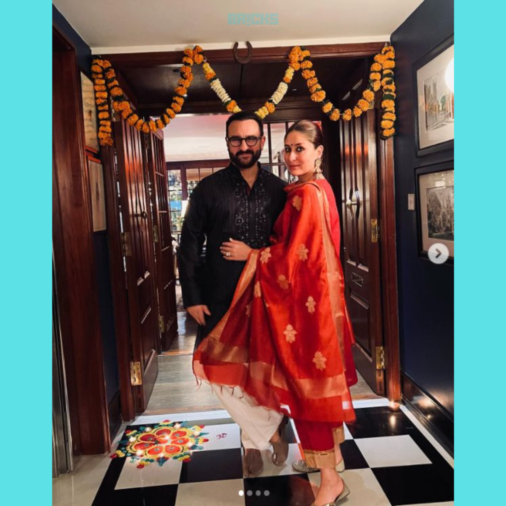 Kareena and Saif posing during festivities at the Kareena Kapoor house. (Source: Instagram)