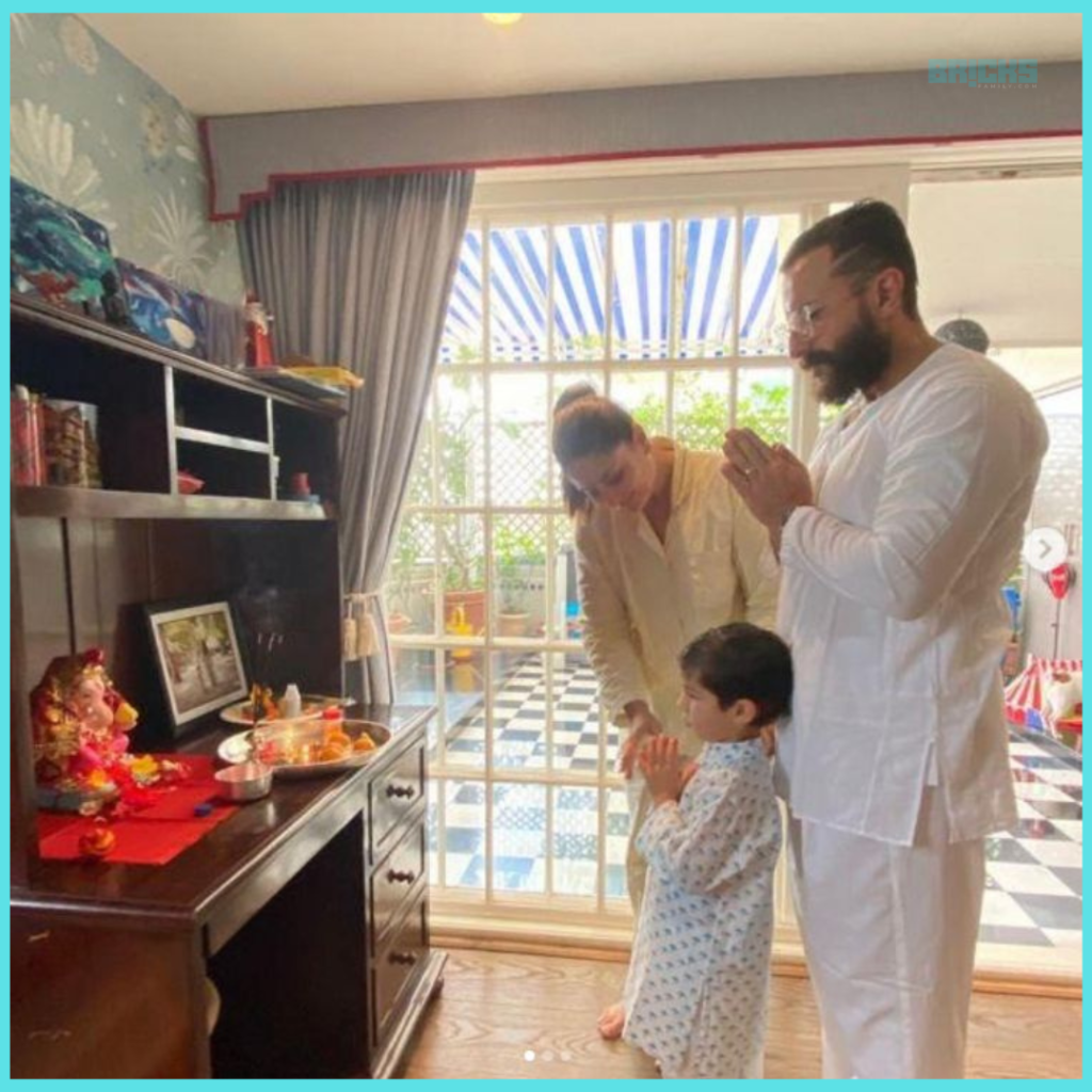 Saif, Kareena and Taimur saying a little prayer at the kids room inside the Kareena Kapoor house.