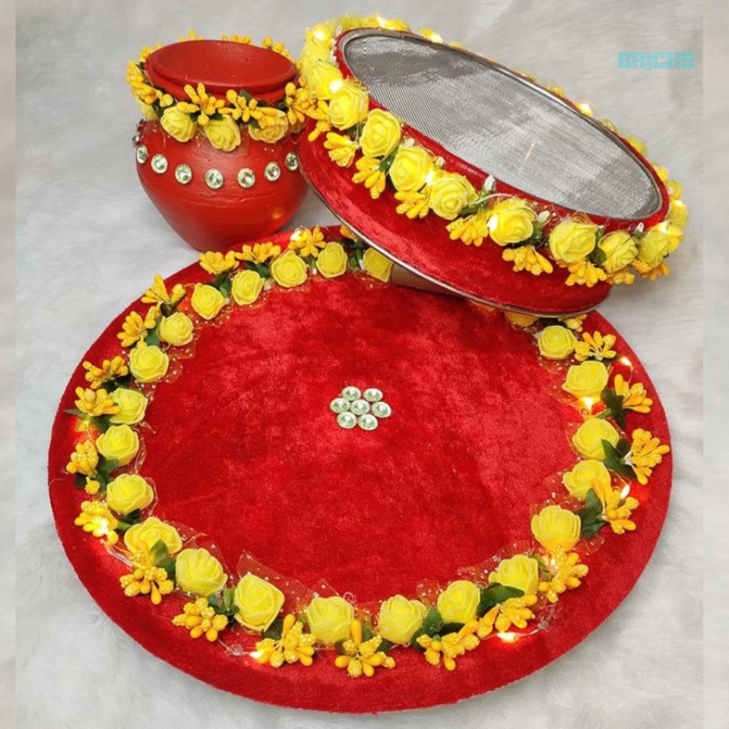 Karwa Chauth thali decoration ideas with velvet fabric (