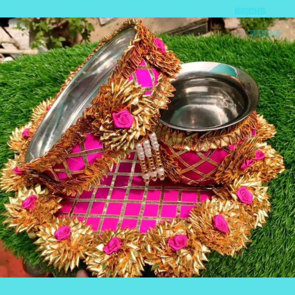 Karwa Chauth 2023 date: Karwa chauth thali decoration with lace.
