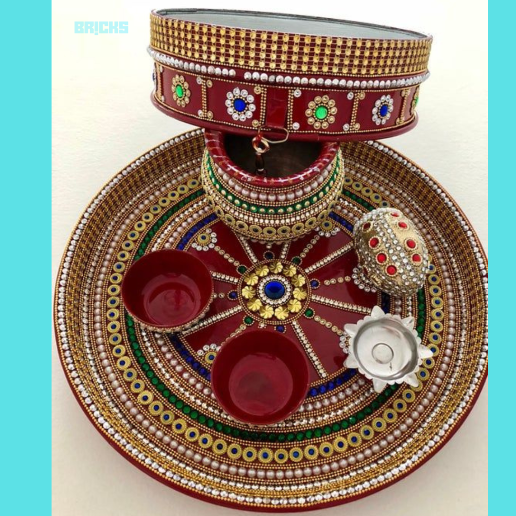 Karwa Chauth thali decoration ideas with pearl beads.