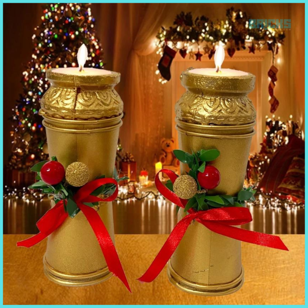 Golden tea light holders decorated in a gold plate add glam to your dining table