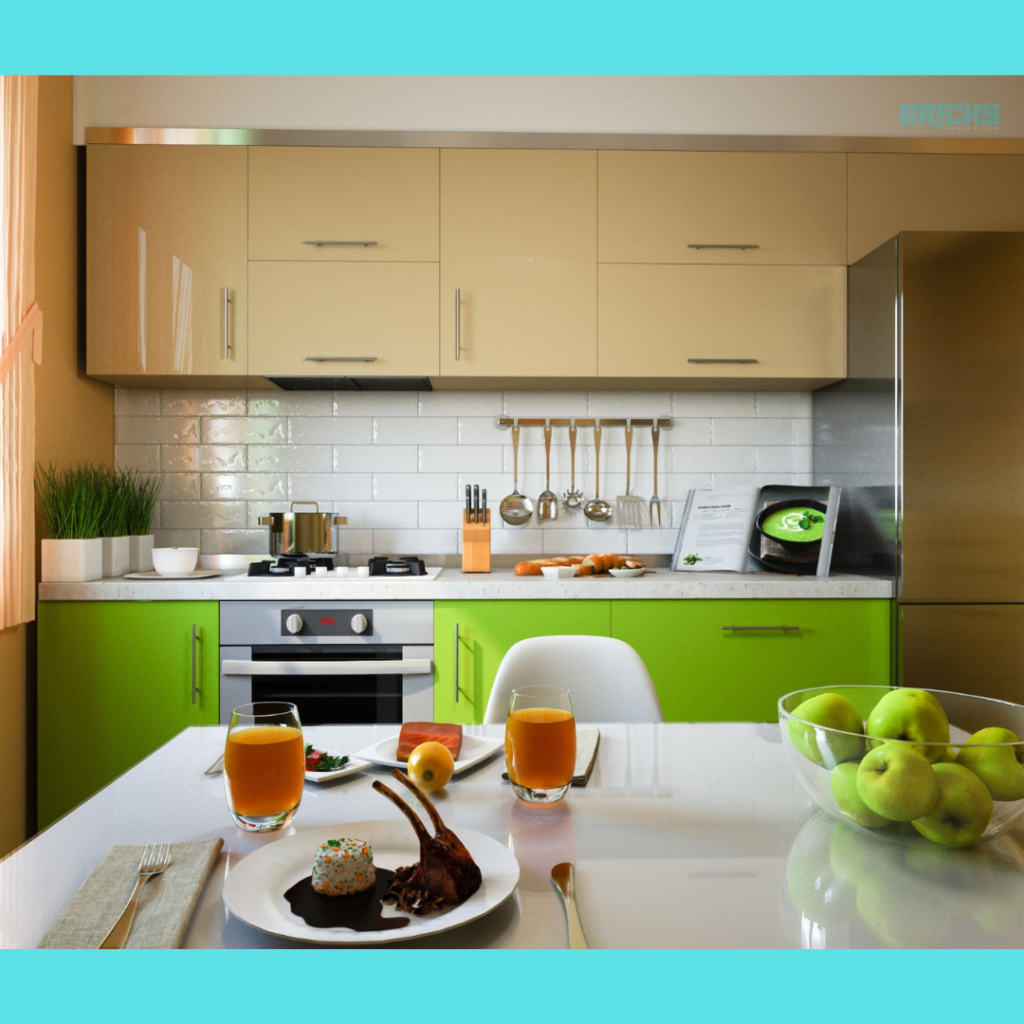 The cheerful blend of white, green and beige looks an absolute delight in this small kitchen