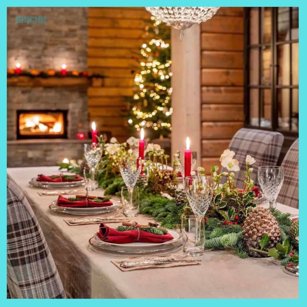 The dining table, decorated with candles in different sizes and colors, makes an ideal setting for Christmas dinner