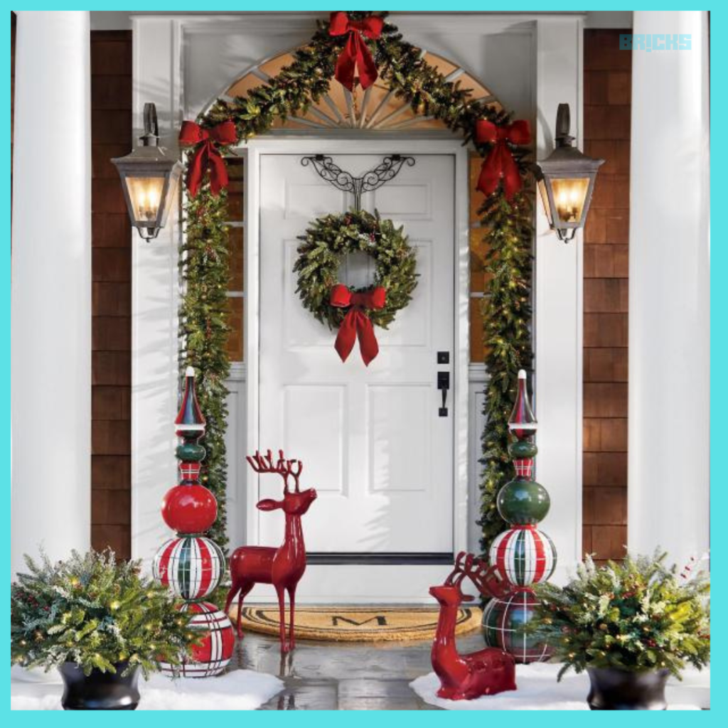 This soothing green wreath at the entrance door, along with a tree and some planters, gives a welcoming feel to your home entrance