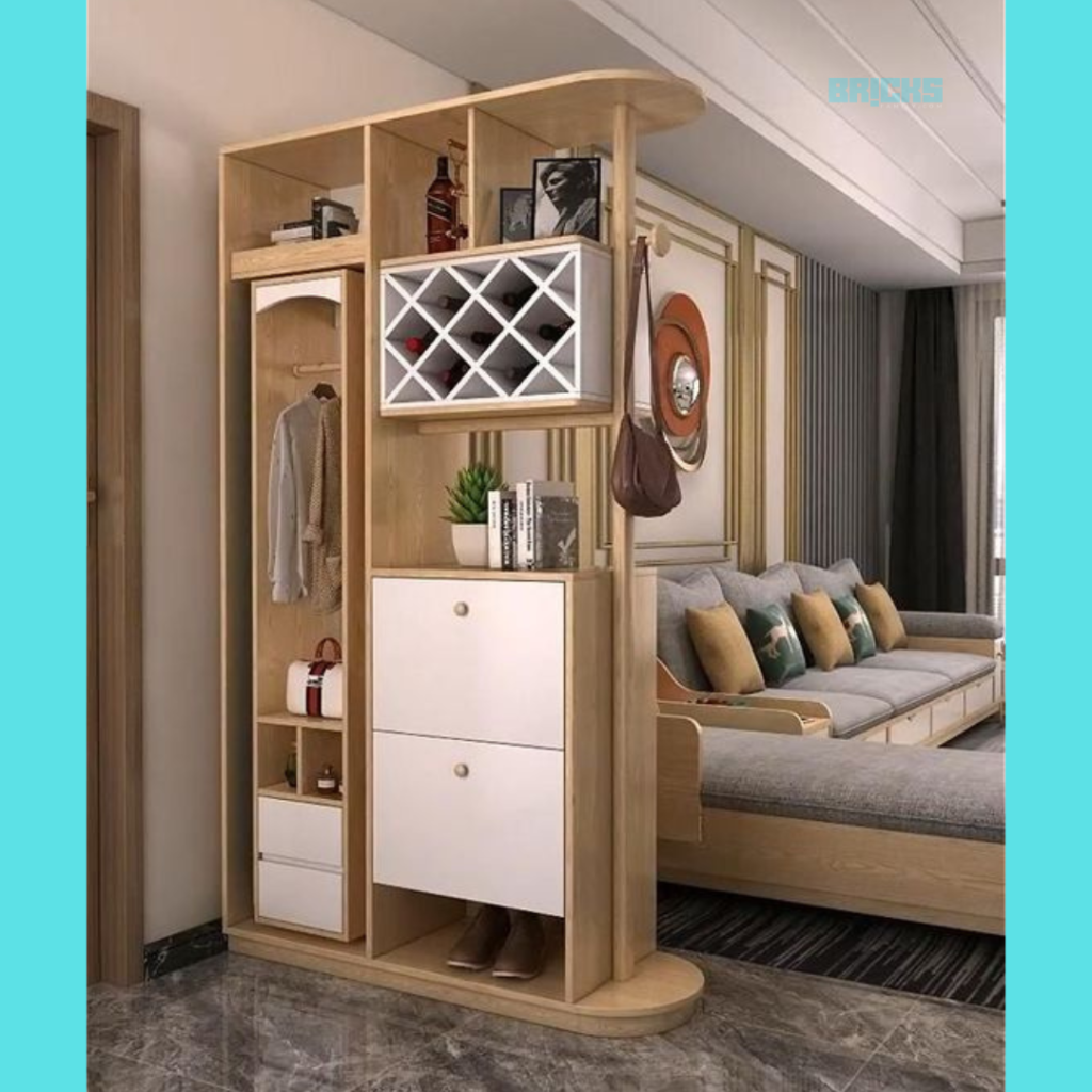 This modern partition for living room features ample space for storage and adds supreme warmth and sophistication 