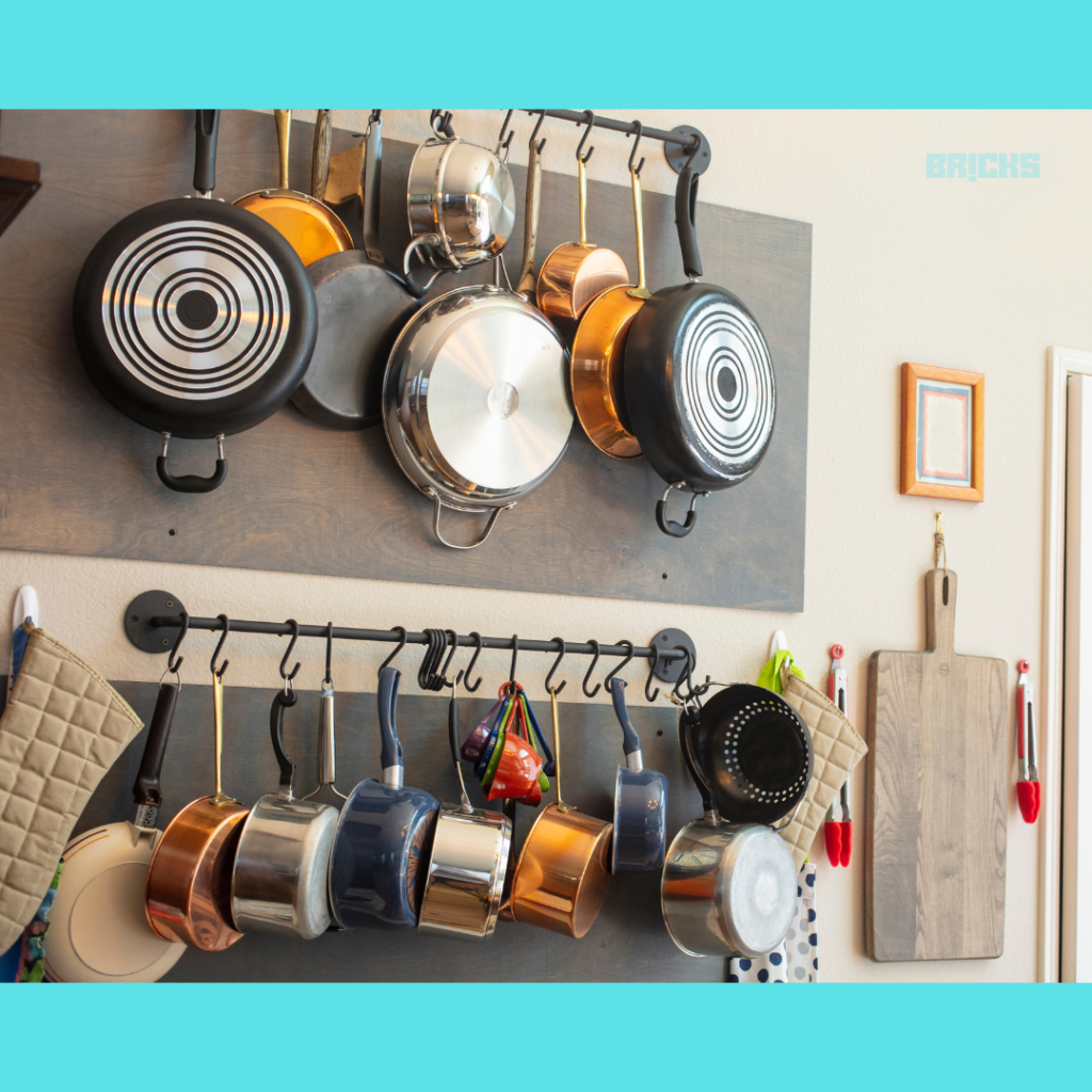 Shelves and hanging racks make an ideal choice for storage in small kitchens 