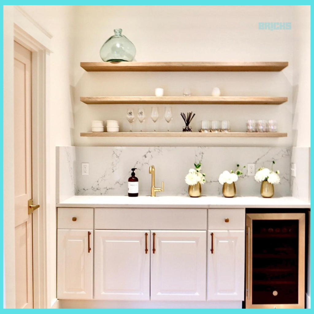 Floating shelves bring an open and spacious feel to small kitchen spaces