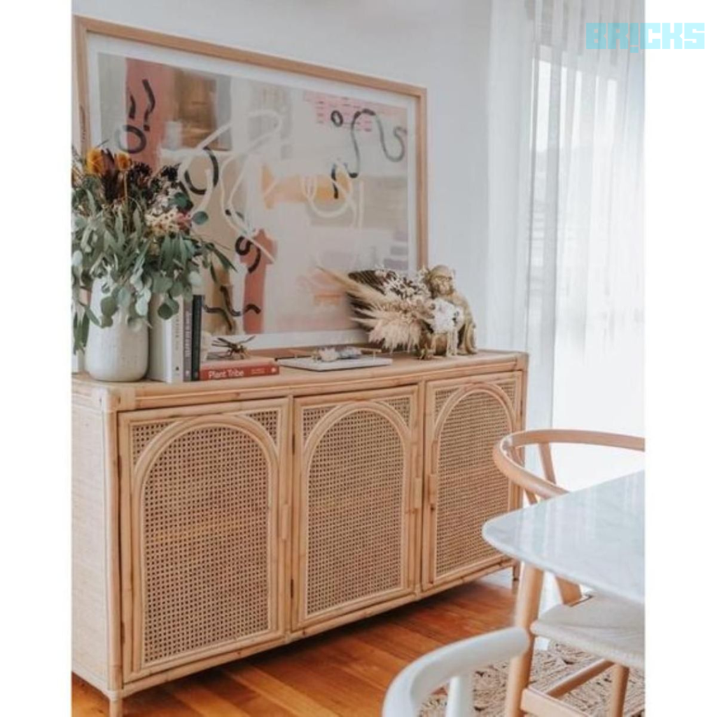 A Rattan work cabinet in bohemian inspired living room