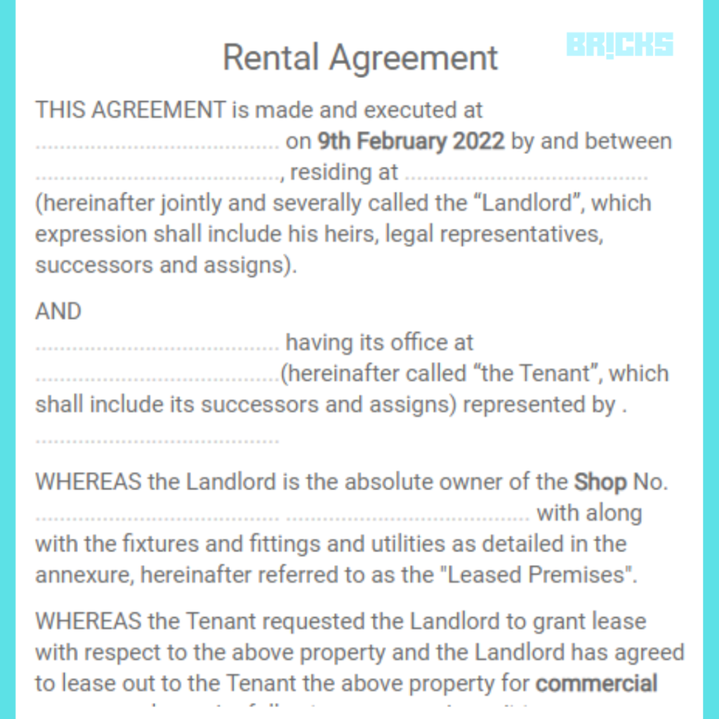 Format of Rent agreement for Shop